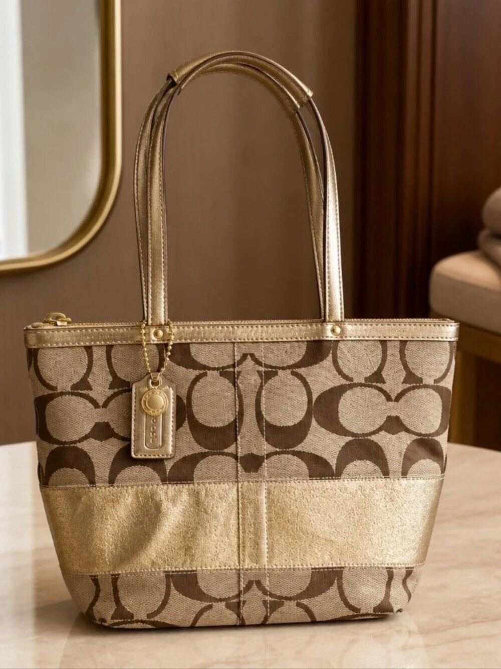 Coach Signature Canvas Tote in Gold and Brown
